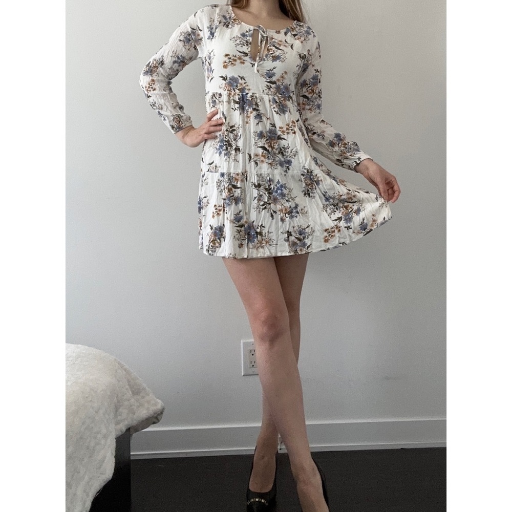 American Eagle AEO white floral print dress bohemian tall peasant long sleeve M - Picture 6 of 11